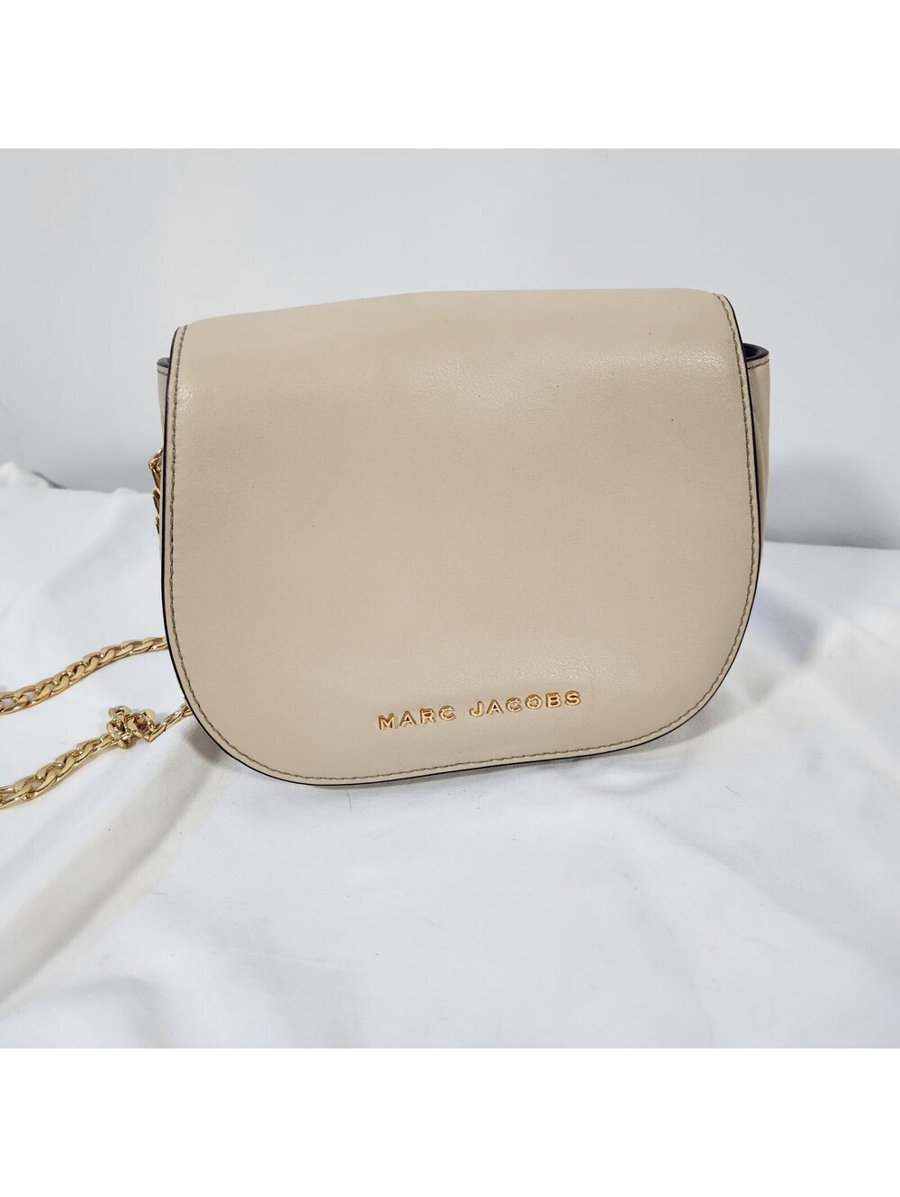 Authentic Marc Purse Jacobs Avenue Gold Logo Beigh Leather Crossbody Bag